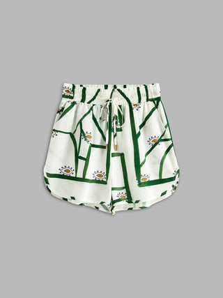 Short court imprimé vert et blanc avec taille élastique et cordon de serrage