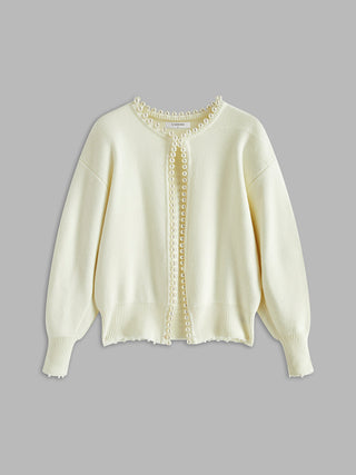 Cardigan en tricot crème, ouverture avant à perles, coupe décontractée
