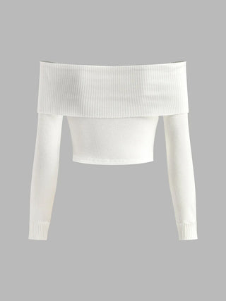 Haut en tricot blanc dénudé épaules, manches longues, vue de dos