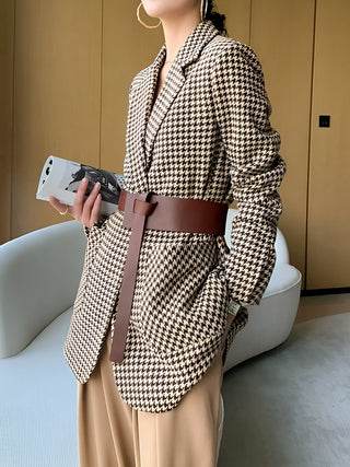 Veste blazer pied-de-poule marron ceinturée, coupe oversize, manches longues