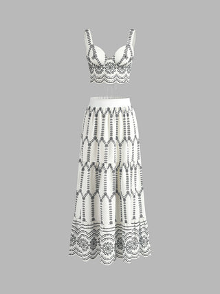Ensemble jupe maxi et bustier en lin, broderie noire, dentelle florale