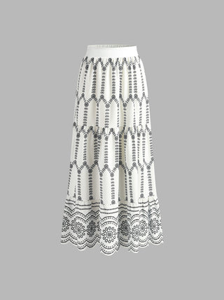 Jupe maxi en lin brodée noire, taille élastique, ourlet dentelé