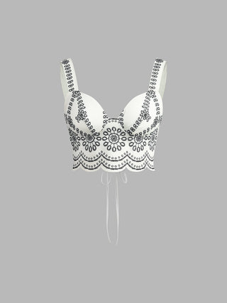 Bustier en lin brodé noir, décolleté en V, bretelles texturées