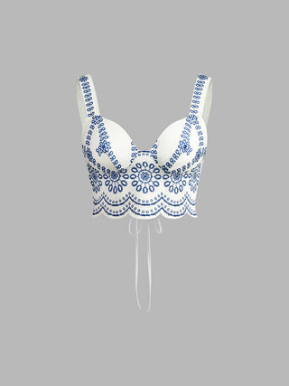 Buste bustier en lin brodé bleu, décolleté en V, liens à nouer