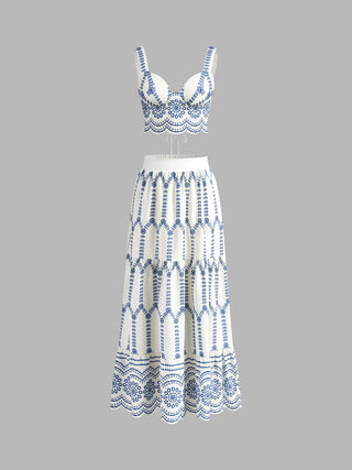 Ensemble jupe maxi et bustier en lin, broderie bleue, avec dentelle florale