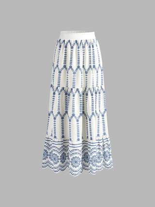 Jupe maxi en lin brodée bleue, taille élastique, ourlet dentelé