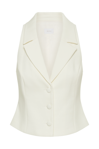 Blazer blanc sans manches avec décolleté en V et boutons, coupe cintrée