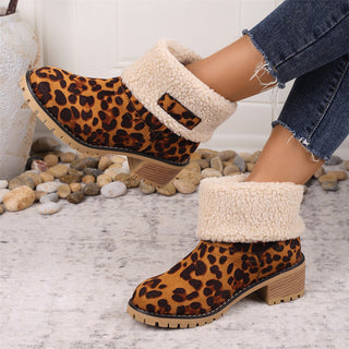 Bottes mi-mollet à motif léopard camel, col en fausse fourrure beige, talon carré
