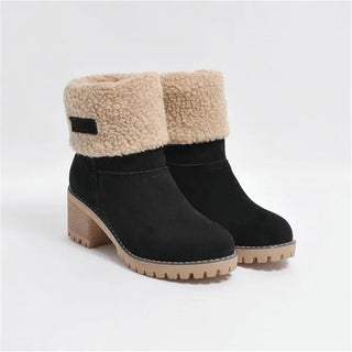 Bottes mi-mollet noires à col en fausse fourrure beige, talon carré et semelle crantée