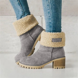 Bottes mi-mollet grises à col en fausse fourrure beige, talon épais et semelle crantée