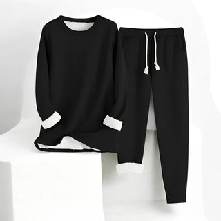 Ensemble sweat et pantalon jogging noir, cordon de serrage blanc et poignets côtelés