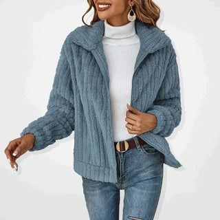 Cardigan femme à fermeture éclair, manches longues, texture bouclette bleu.