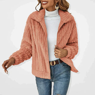 Cardigan femme à fermeture éclair, manches longues, texture bouclette abricot.
