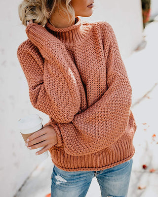 Pull en tricot épais orange, col montant côtelé, manches longues, maille texturée