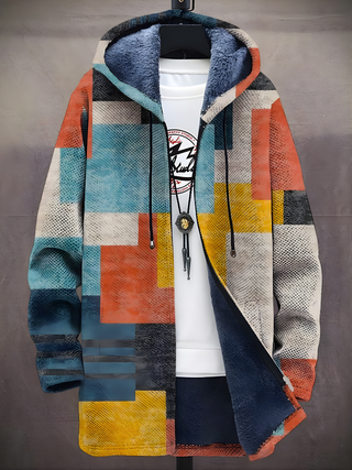 Veste sweat à capuche zippée multicolore, doublure en polaire bleue, motifs géométriques
