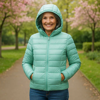 Veste légère à capuche matelassée turquoise, fermeture zippée, manches longues
