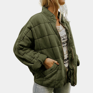 Manteau matelassé vert à fermeture éclair, col montant et poches latérales