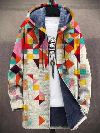 Hoodie zippé multicolore, capuche doublée bleu foncé, poche avant, motif géométrique
