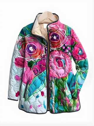 Veste multicolore à motif floral, capuche et fermeture zippée, tissu matelassé