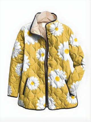 Veste matelassée CARTER™ jaune à fleurs blanches, capuche beige, fermeture à boutons