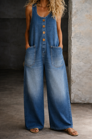 Salopette en denim bleu délavé à bretelles, jambes larges, poches poitrine, boutonnage
