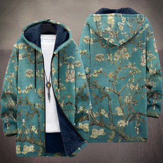 Sweat à capuche zippé vert motif, vue dos avec capuche, fermeture éclair et doublure bleu
