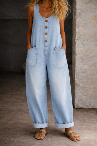 Salopette sans manches denim bleu clair, boutons devant, poches latérales, jambes amples