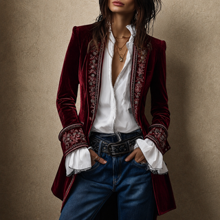 Veste en velours rouge bordeaux à broderies décoratives sur revers et poignets