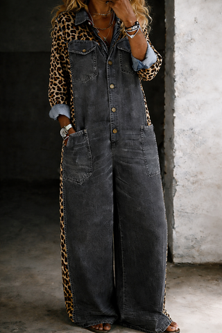 Combinaison chemise en denim noir, manches longues, boutons devant, poches plaquées