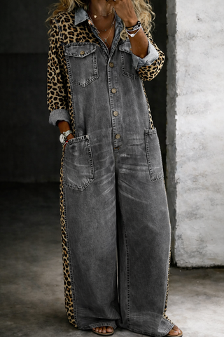 Combinaison chemise en denim gris, manches longues, boutons devant, poches plaquées