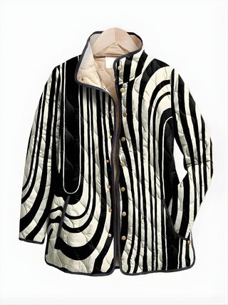 Veste matelassée noire et blanche à motifs abstraits, doublure beige et boutons dorés