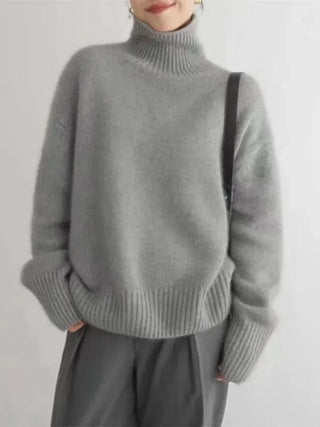Pull en cachemire gris à col haut côtelé, manches longues, maille épaisse