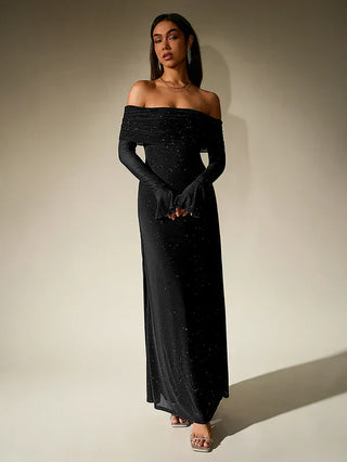 Alina | Robe de soirée sans épaules en brun avec paillettes