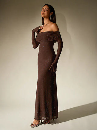 Alina | Robe de soirée sans épaules en brun avec paillettes