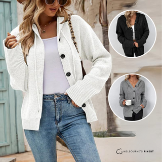 Cardigan femme Aya™ blanc à boutons, manches longues, col ouvert.