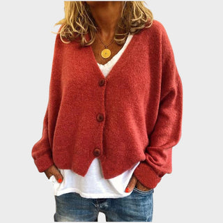 Gilet en maille rouge à encolure V, boutons et manches longues