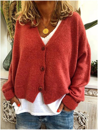 Cardigan femme rouge à col V boutonné, manches longues, tissu doux