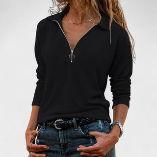 Pull manches longues à col zippé mi-haut, noir, zip métallique au centre.