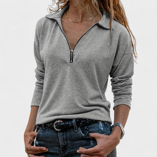 Pull manches longues à col zippé mi-haut, gris chiné, fermeture éclair argentée.