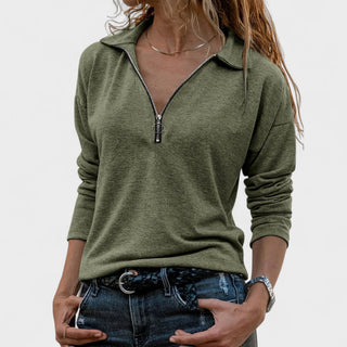 Pull manches longues à col zippé mi-haut, vert olive, fermeture éclair métallique.