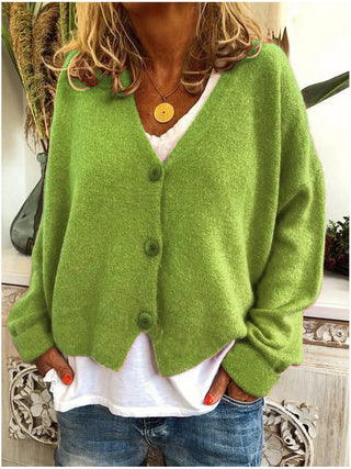 Cardigan femme vert clair à col V, manches longues, boutons devant.