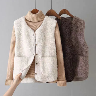 Ensemble femme : gilet sans manches à col montant, veste doublée, tons beige et marron.