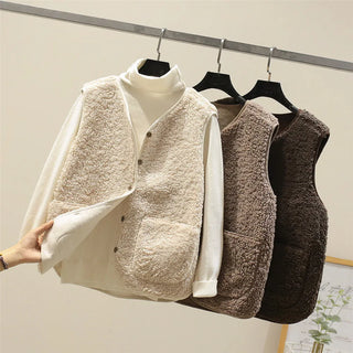 Ensemble femme : gilets sans manches assortis (blanc cassé, beige, brun) avec top manches longues.