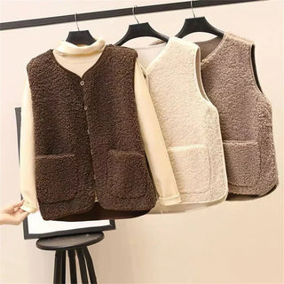 Ensemble femme : gilets sans manches assortis (brun, beige, taupe), poches plaquées, sur tops.