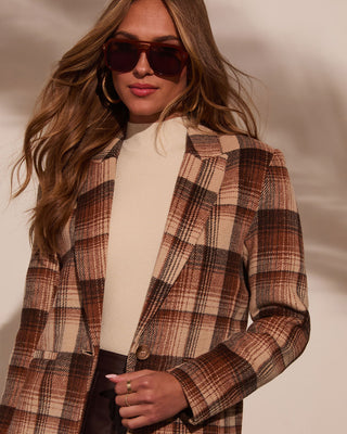 Veste blazer femme oversize à carreaux marron et beige, manches longues, boutonnage