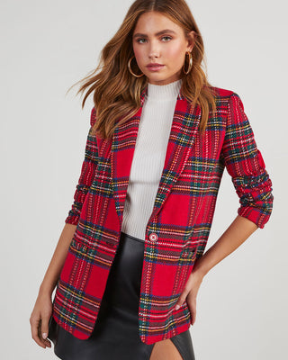 Veste blazer rouge à carreaux multicolores, coupe oversize, col à revers et boutonnage.