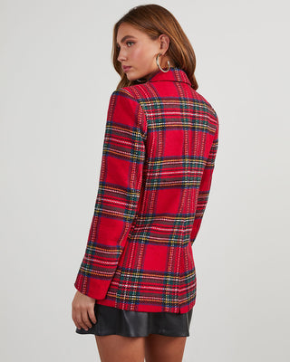 Veste blazer à carreaux rouge et vert, coupe oversize, vue de dos avec fermeture.