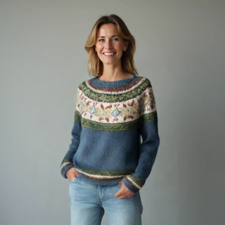 Pull femme multicolore, encolure ronde large, motif jacquard avec rayures au buste.