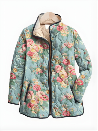 Veste matelassée FINLEY™ imprimée fleurs, bleu clair, col montant doublé beige