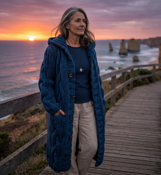 Manteau en tricot bleu à motif câble, boutonnage et col châle.